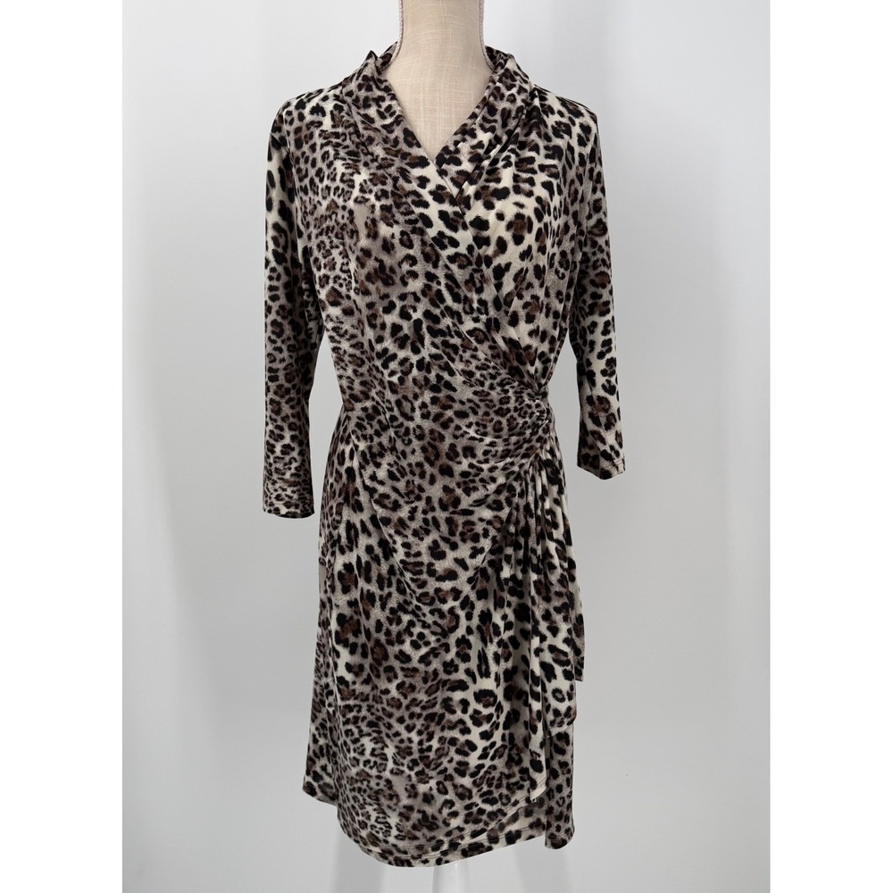 Karen Kane Leopard Print Faux Wrap Dress Womens Large Brown Animal 3/4 Sleeve L